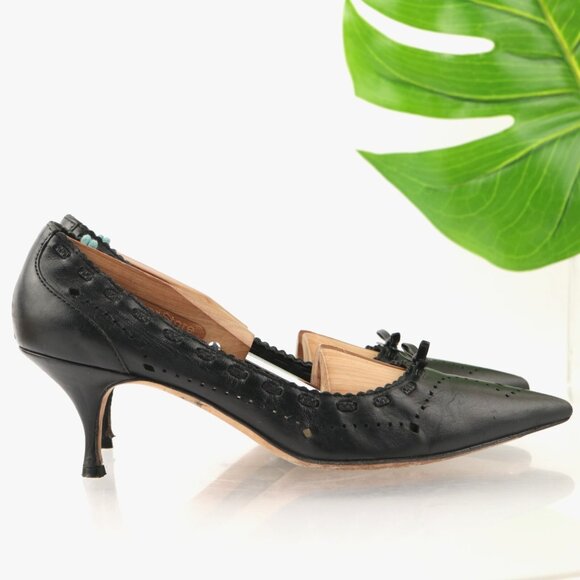 Bally Womens Pump Size 8 Black Leather Pointed Bow Kitten Heel Shoe Y2K 90 Italy - Picture 1 of 13